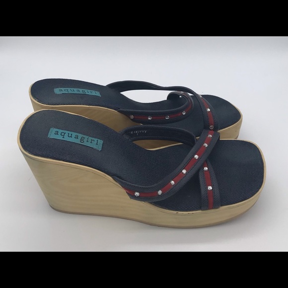 Aqua Girl denim and red wedges with diamond accents. Pre-owned. - Picture 2 of 7